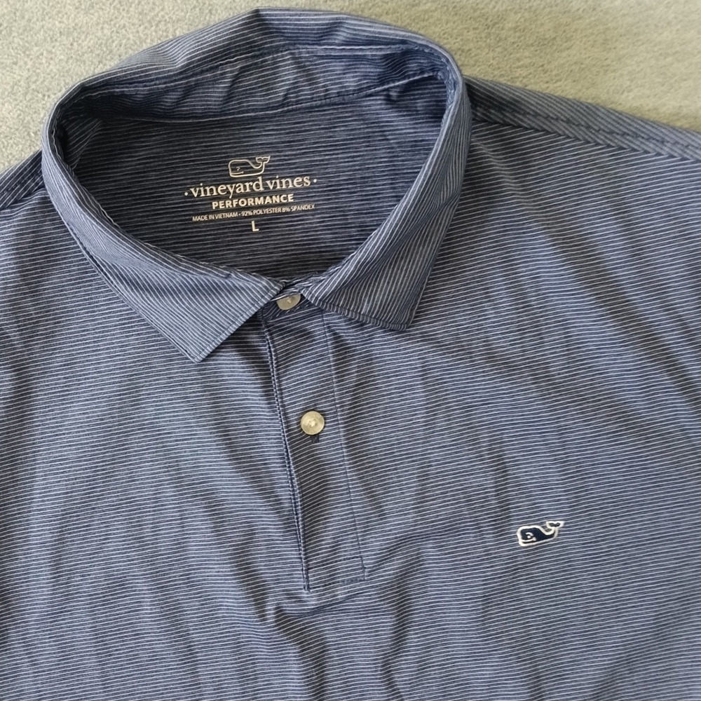 Vineyard Vines Performance Polo Shirt Mens Large Blue White Striped Golf Whale